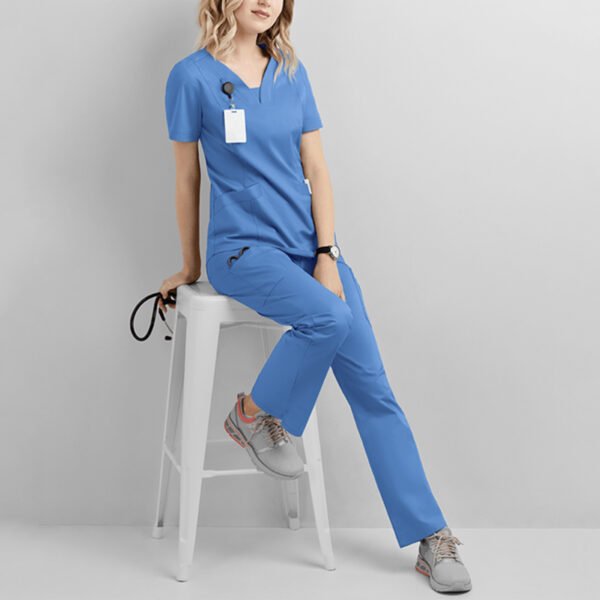 Scrubs for Women Set Jogger Pants Short Sleeve Two Piece Tops and Pants Solid Color V Neck Nurse Working Uniform with Pocket - Image 4