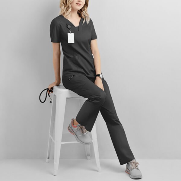 Scrubs for Women Set Jogger Pants Short Sleeve Two Piece Tops and Pants Solid Color V Neck Nurse Working Uniform with Pocket - Image 2