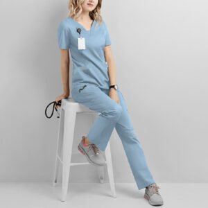 Scrubs for Women Set Jogger Pants Short Sleeve Two Piece Tops and Pants Solid Color V Neck Nurse Working Uniform with Pocket