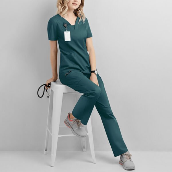 Scrubs for Women Set Jogger Pants Short Sleeve Two Piece Tops and Pants Solid Color V Neck Nurse Working Uniform with Pocket - Image 3